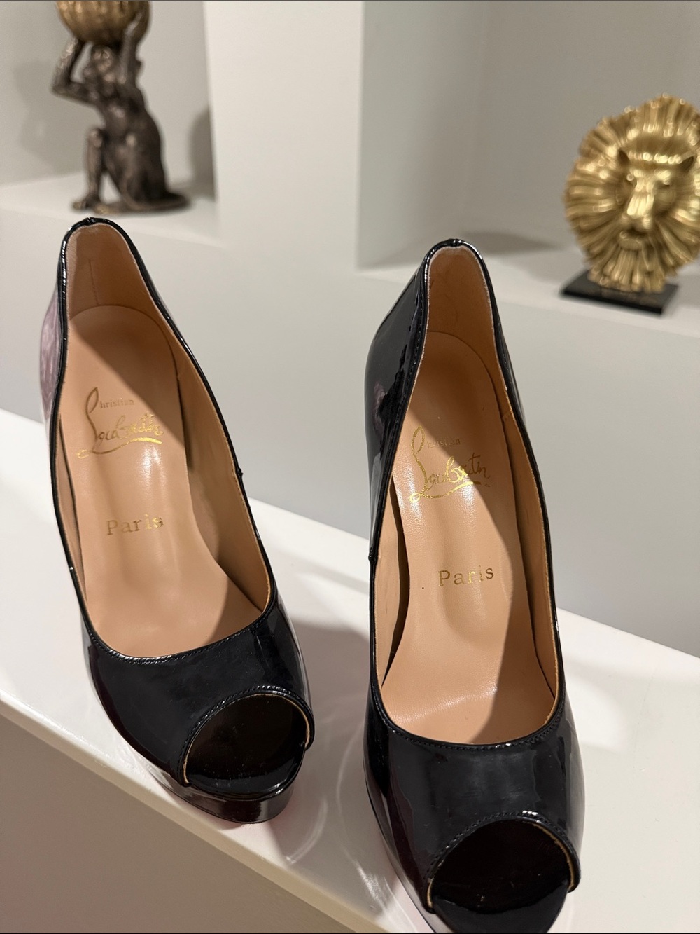 Christian Louboutin Black Patent Peep-Toe Platform Pumps with Red Soles - Picture 2 of 3